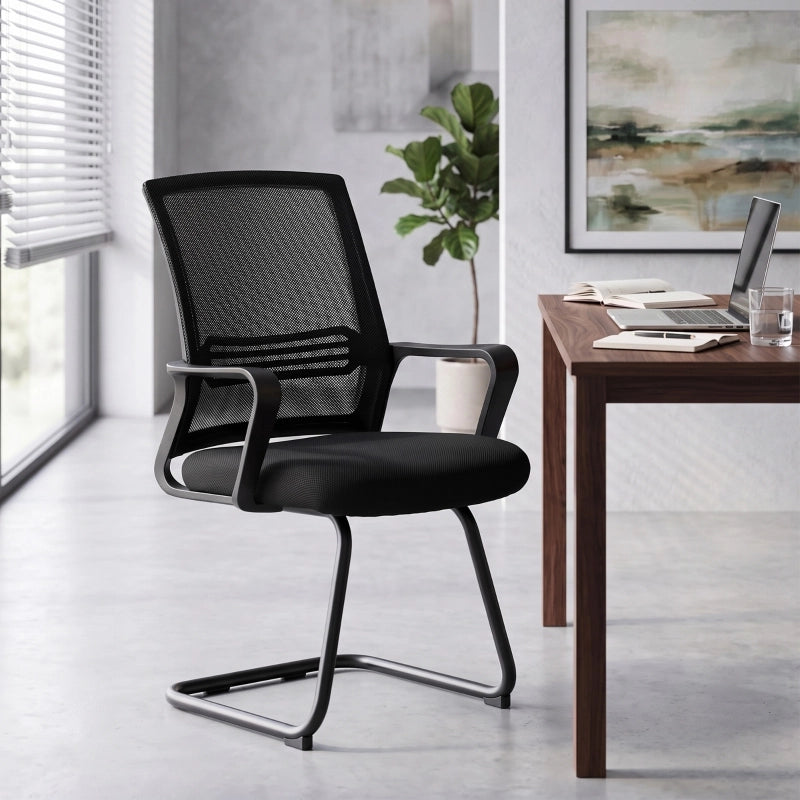 Sedie da ufficio ergonomiche set di 2 in rete nera imbottite impilabili con base a slitta 93 × 58.5 × 57.5 cm