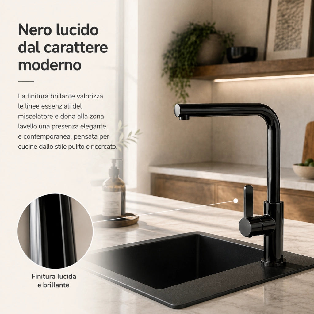 Rubinetto Cucina Nero Lucido Canna Alta Quadrata Girevole 94027