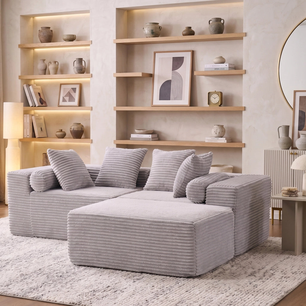 Divano modulare con chaise longue - componibile e senza braccioli - grigio in schiuma e molle