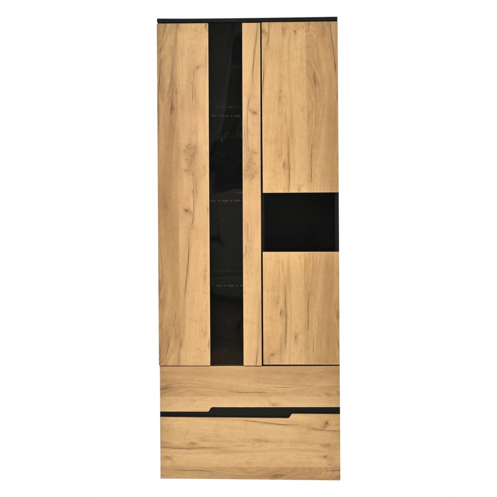 Vetrina con LED, 3 ante, 2 cassetti e vano aperto, per soggiorno, in MDF e vetro, naturale e nero, 70 × 35 × 180 cm