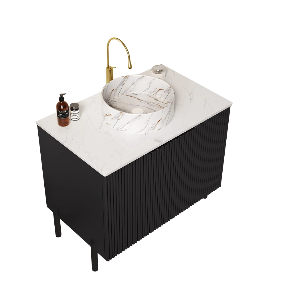 Mobile sottolavabo con lavabo in ceramica, 2 ante ammortizzate, per bagno, piano in pietra sinterizzata, nero e bianco