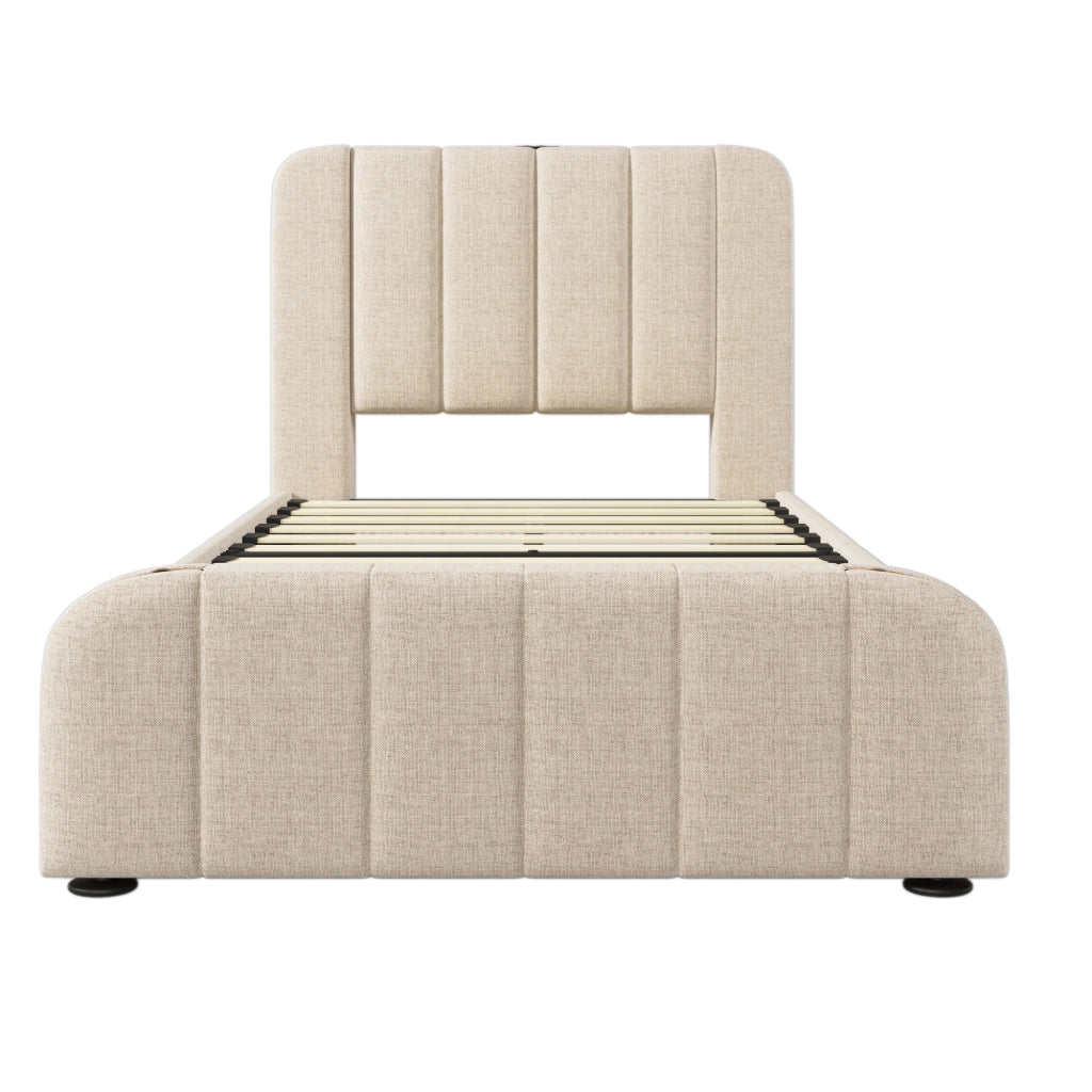 Letto singolo imbottito 90x200 cm beige con 4 cassetti