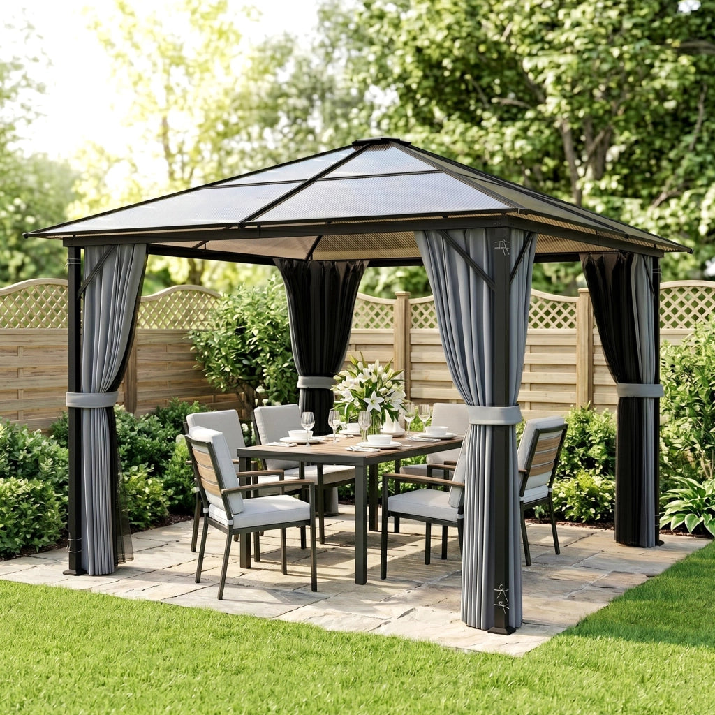 Gazebo da giardino 3 x 3 m con tetto in policarbonato, struttura in alluminio grigio scuro e tende con zanzariera, resistente e pratico