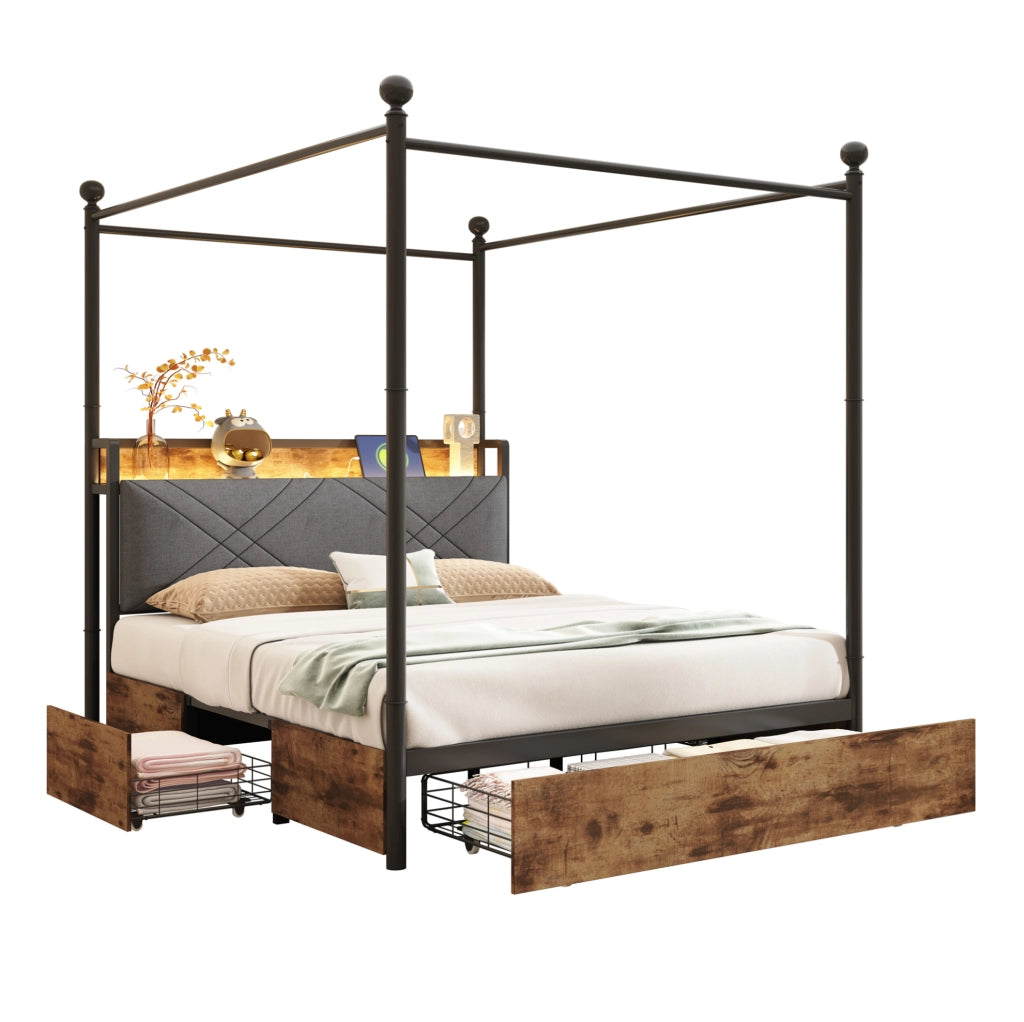 Letto multifunzionale 140x190 cm in ferro; baldacchino removibile; LED; USB e Type-C; nero