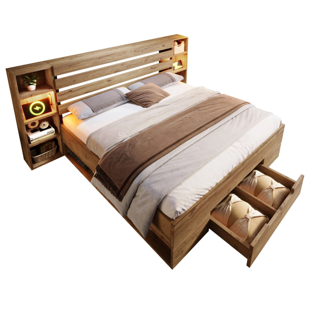 Letto matrimoniale 160x200 cm con LED; USB e Type-C; ripiani e 2 cassetti; rovere
