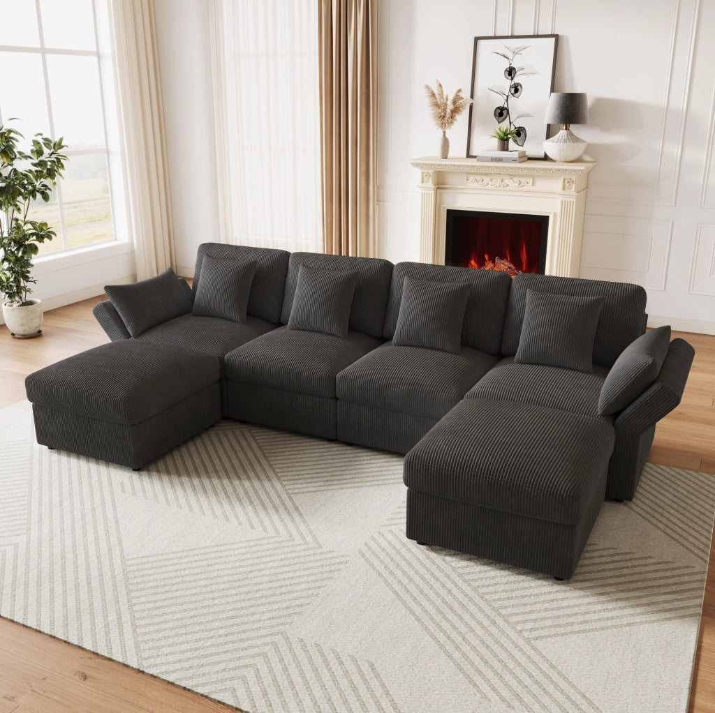 Divano modulare grigio in velluto a coste con 2 pouf