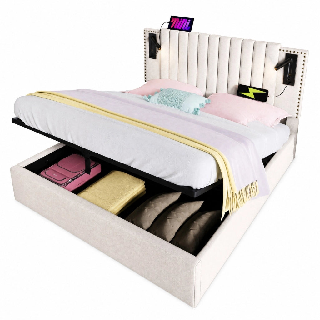 Letto contenitore 140 × 200 cm con luce da lettura e 2 USB + 2 Type-C; cotone beige