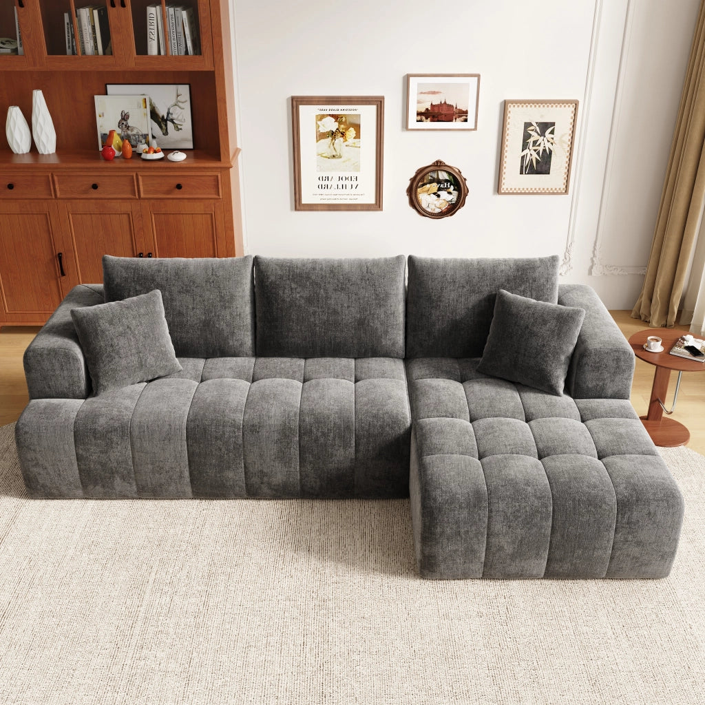 Divano angolare modulare 3-4 posti senza struttura con chaise longue, design basso e cuscini in ciniglia grigio