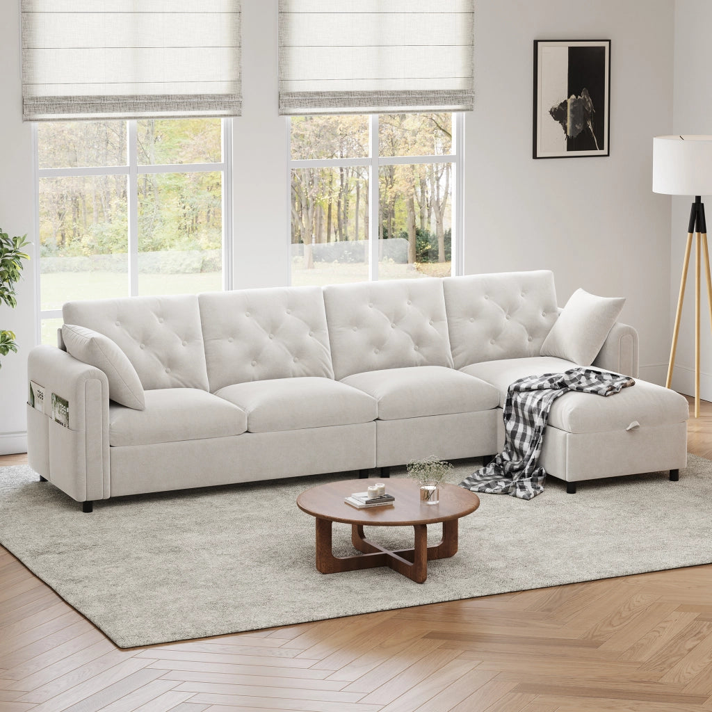 Divano letto modulare angolare con contenitore in poliestere beige configurabile a sinistra o destra 281 × 132 × 86 cm