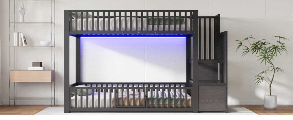 Letto a Castello 90x200 cm con Contenitore; LED; Sponde di Sicurezza; Nero