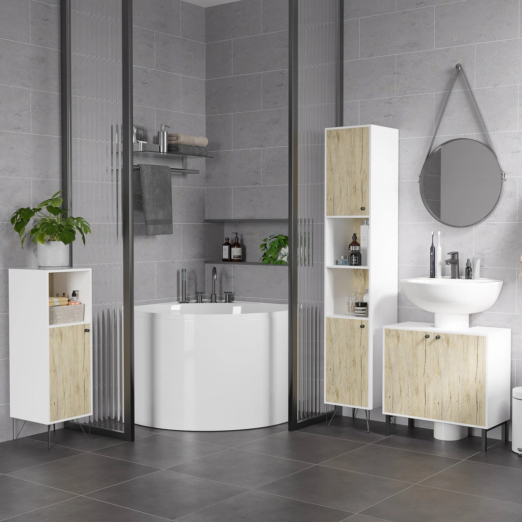 Mobile Bagno Sotto Lavabo 2 Ante con Ripiano in Truciolato e Acciaio ¨C Minimal ¨C Bianco Rovere 60x30x60 cm