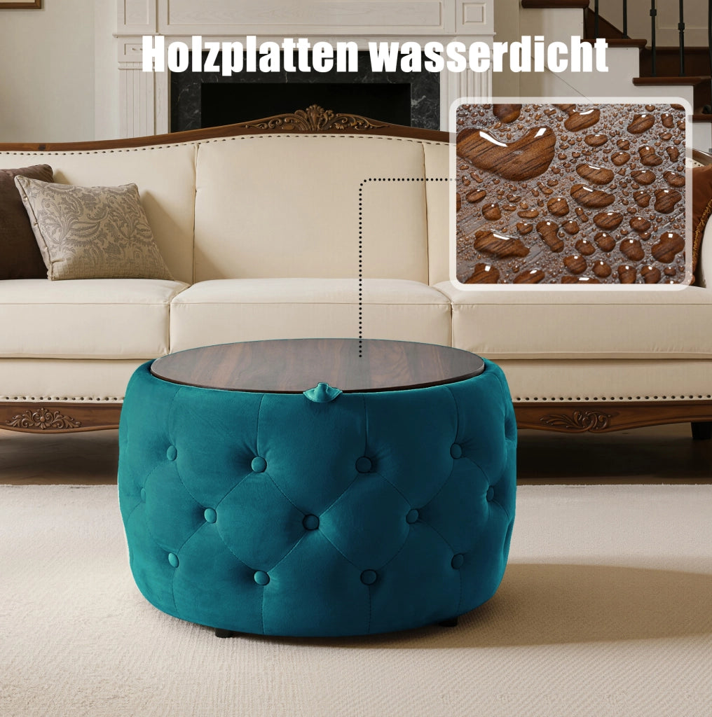 Set di 2 Pouf Nesting in Velluto Blu con Portaoggetti e Vassoio in Legno, Design Salvaspazio 4-in-1, Ø 58 cm