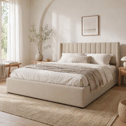 Letto contenitore 160 × 200 cm con sollevamento idraulico; rete a doghe e testiera imbottita in lino beige