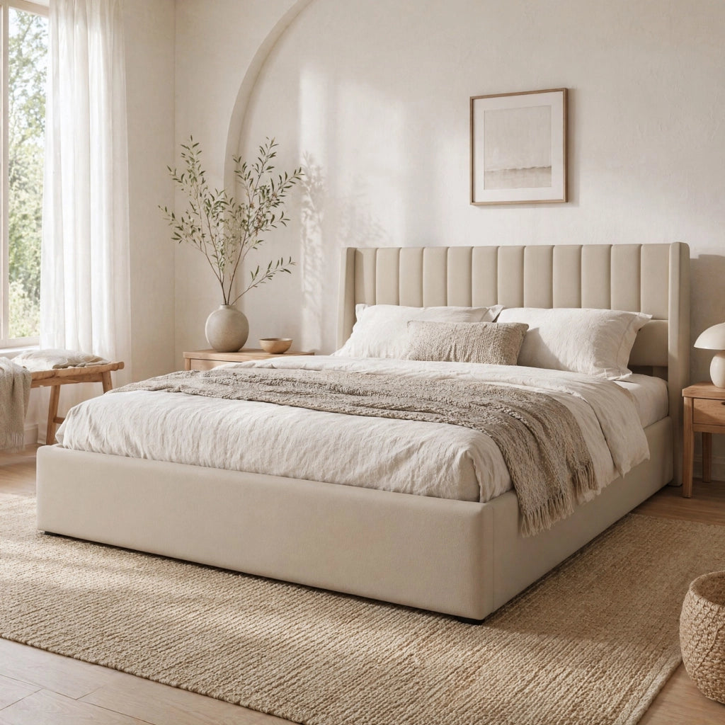 Letto contenitore 160 × 200 cm con sollevamento idraulico; rete a doghe e testiera imbottita in lino beige