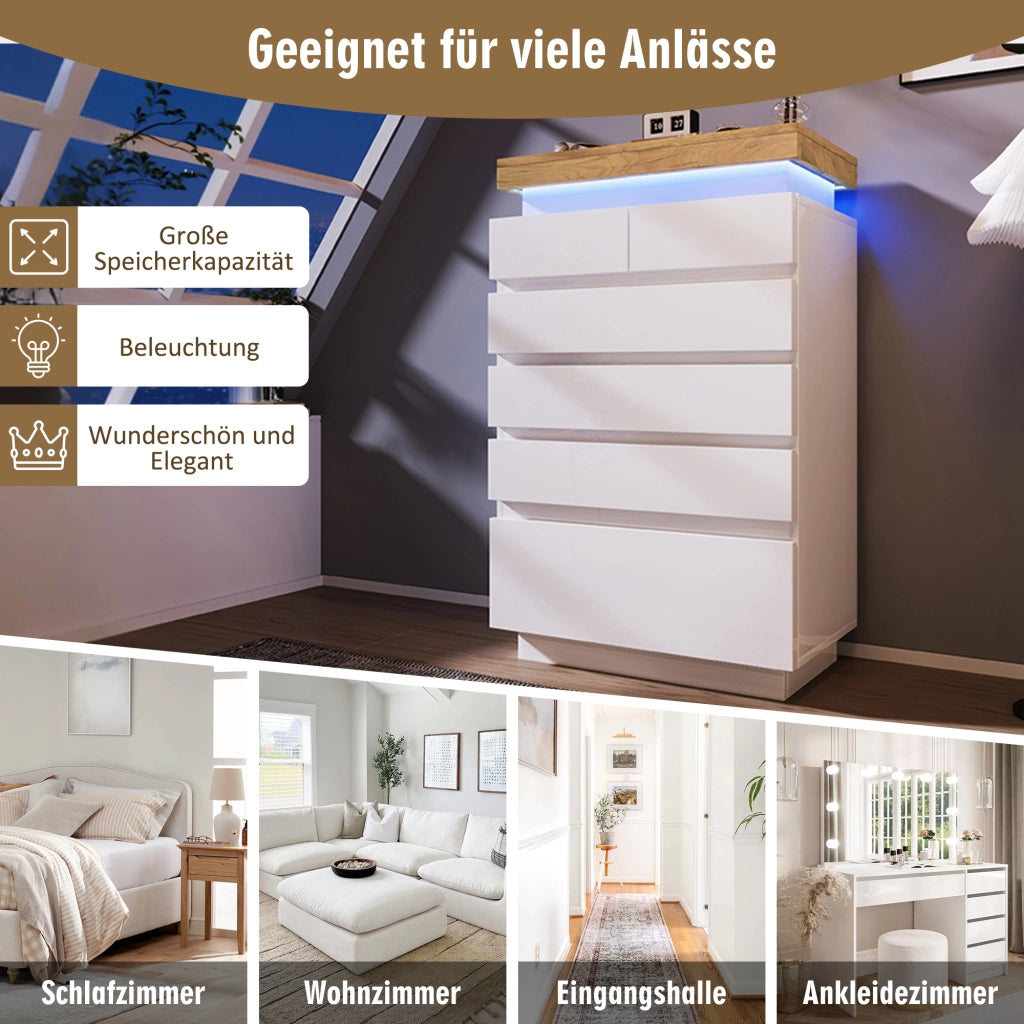 Comò con 6 Cassetti e LED con Controllo tramite App e Touch per Soggiorno e Camera 73×39×115 cm