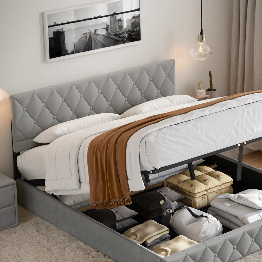 Letto contenitore imbottito grigio in PU 90 × 190 cm
