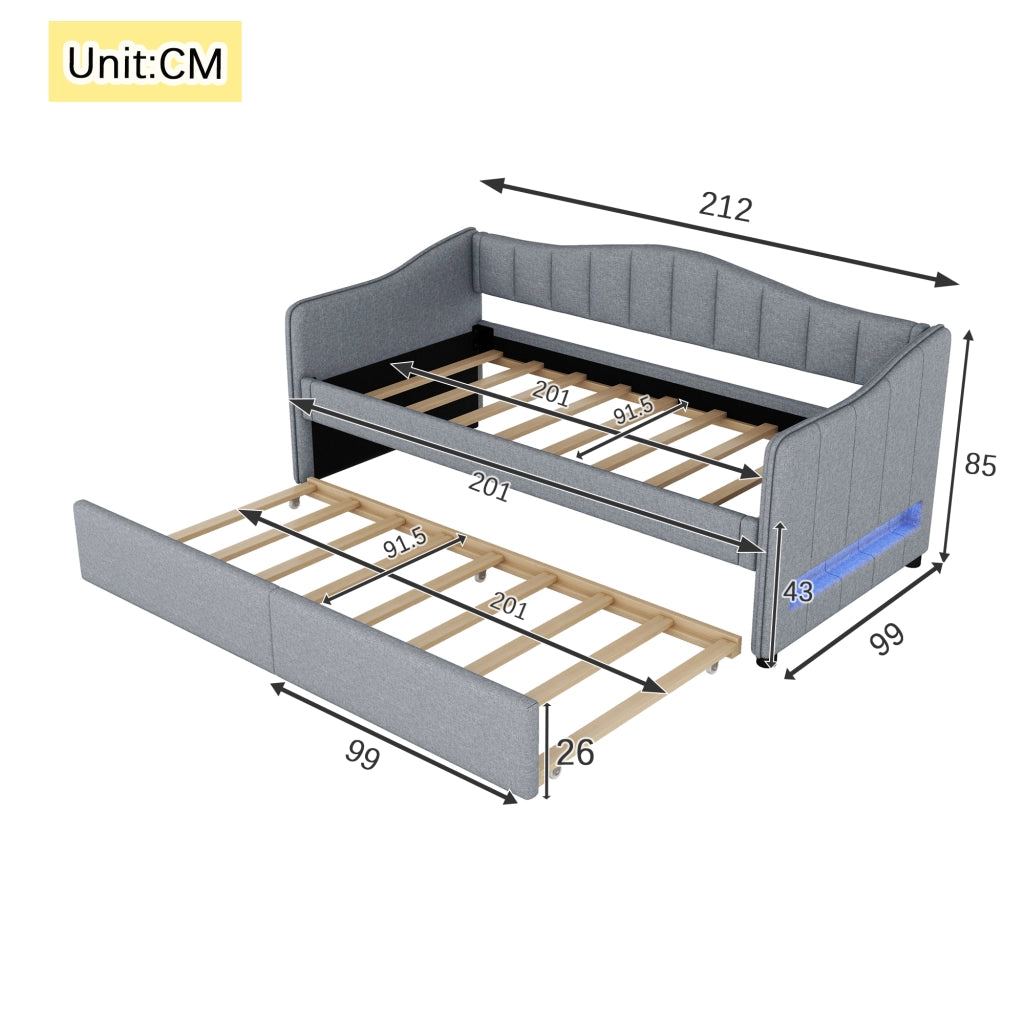Daybed grigio in lino 90x200 cm con letto estraibile, luce LED ambiente regolabile e rete a doghe, senza materasso