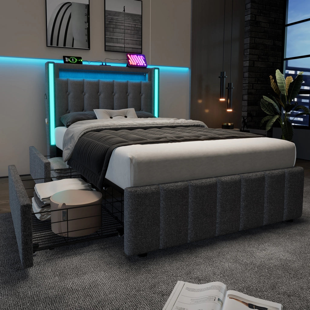 Letto con cassetti 90 × 200 cm con LED; USB e Type-C; testiera con tasche; rete a doghe; lino grigio