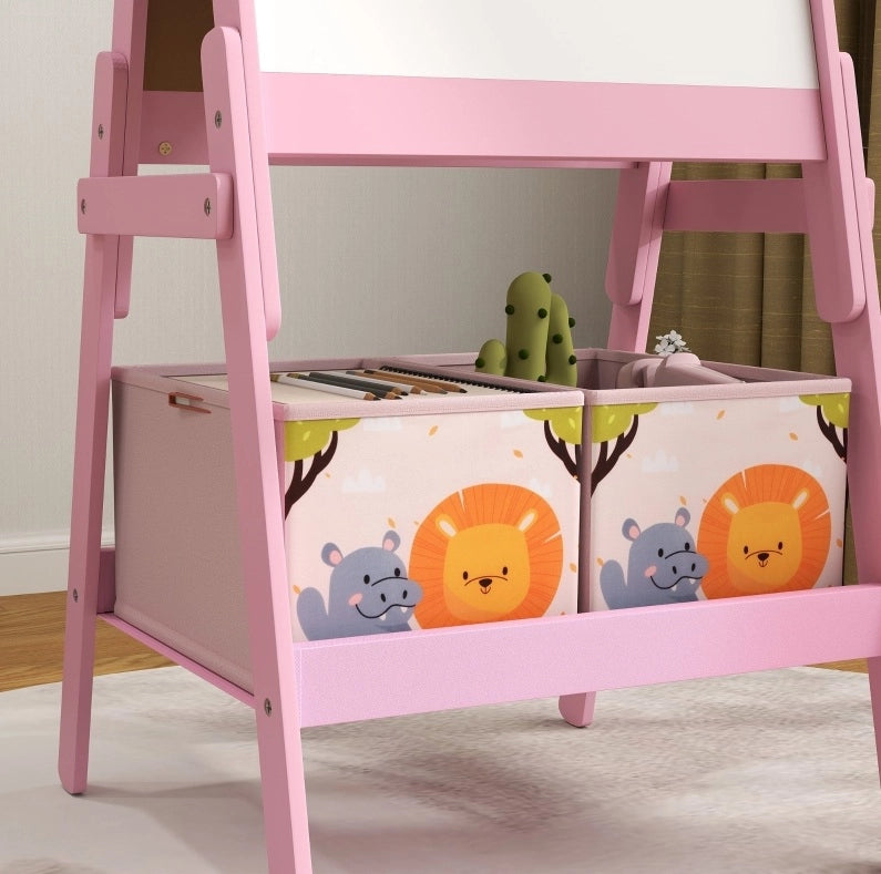 Cavalletto per bambini ULEVR 49x53,5x113 cm con lavagna e lavagna bianca, 2 contenitori, rosa