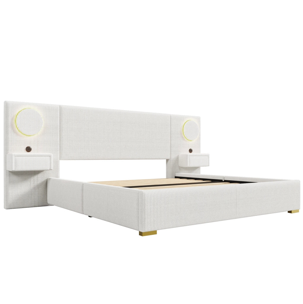 Letto imbottito 180x200 cm con LED, USB e comodini con cassetti in velluto beige