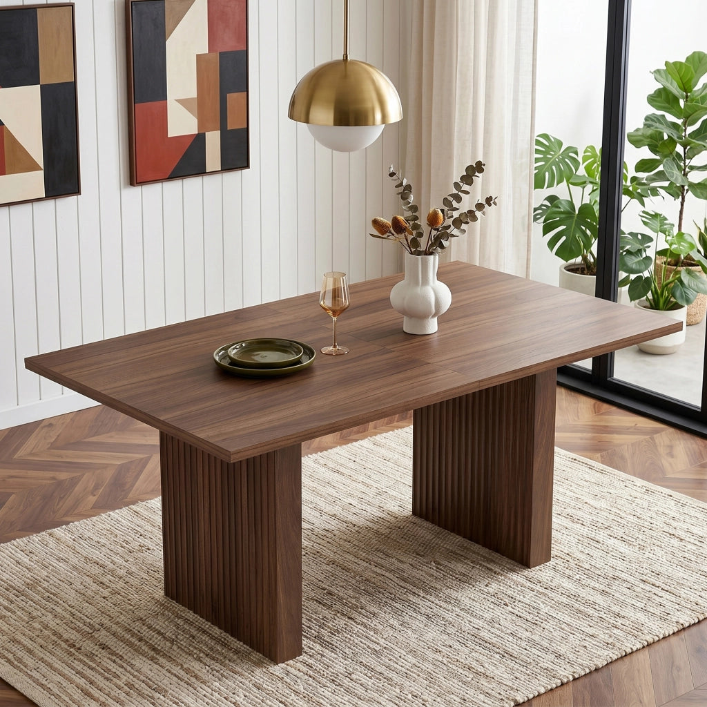 Tavolo da pranzo allungabile per sei a otto persone con piano rettangolare e gambe a lamelle in MDF noce 140/200 × 90 cm