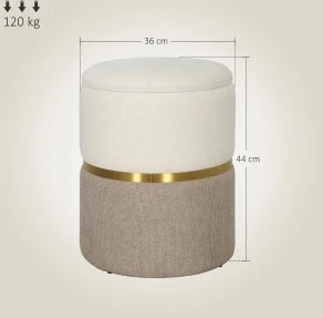Pouf contenitore con coperchio, design bicolore con anello in metallo, 36 x 36 x 44 cm, crema e bianco