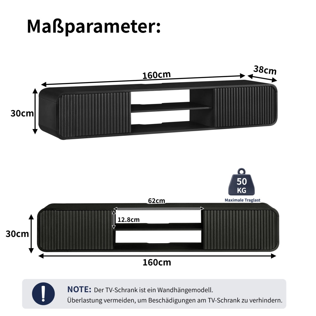 Mobile TV sospeso 160x38x30 cm con vani aperti e passacavi in truciolare nero