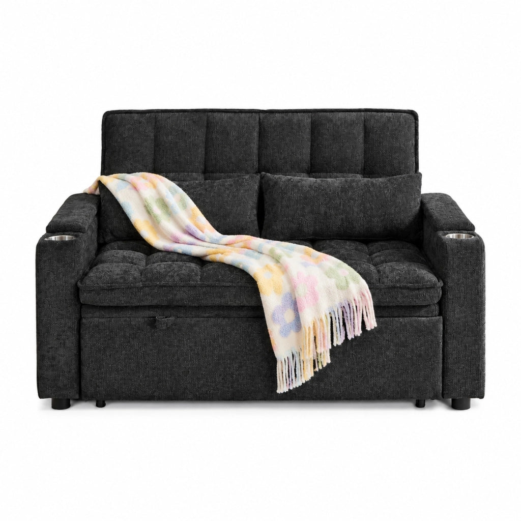 Divano letto 3 in 1 142x89x89 cm in ciniglia nera con contenitore