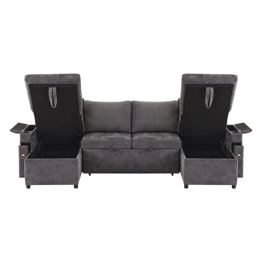 Divano letto modulare a U 4 posti con portabicchieri e contenitore; grigio