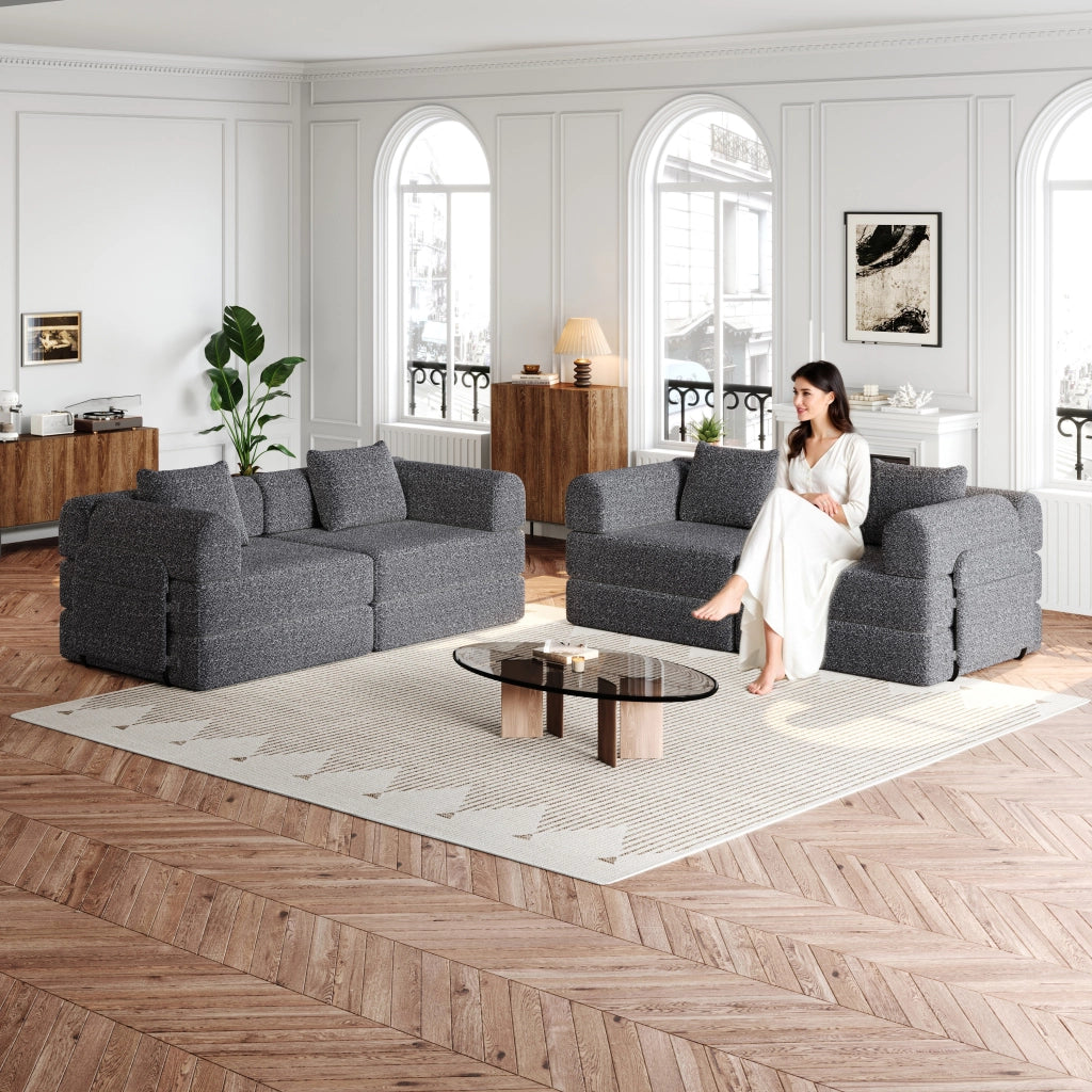 Divano letto modulare 2 in 1 con vano portaoggetti nel bracciolo e base antiscivolo in ciniglia grigio