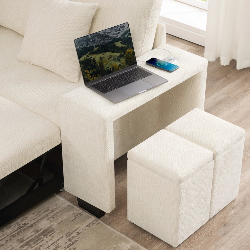 Divano letto angolare modulare 220x205 cm con contenitore, USB e USB-C in ciniglia beige