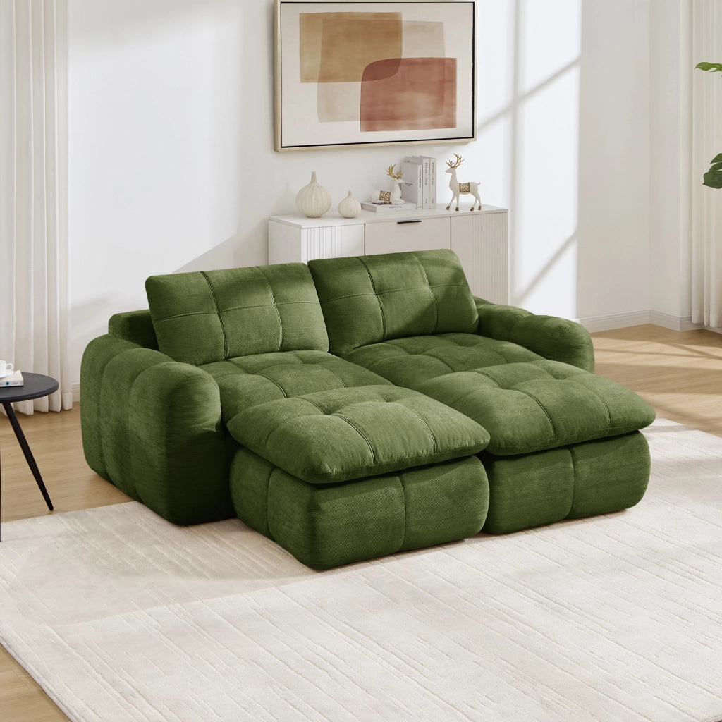 Divano modulare senza struttura in chenille verde; 194 x 160 x 68 cm; seduta ampia e profonda