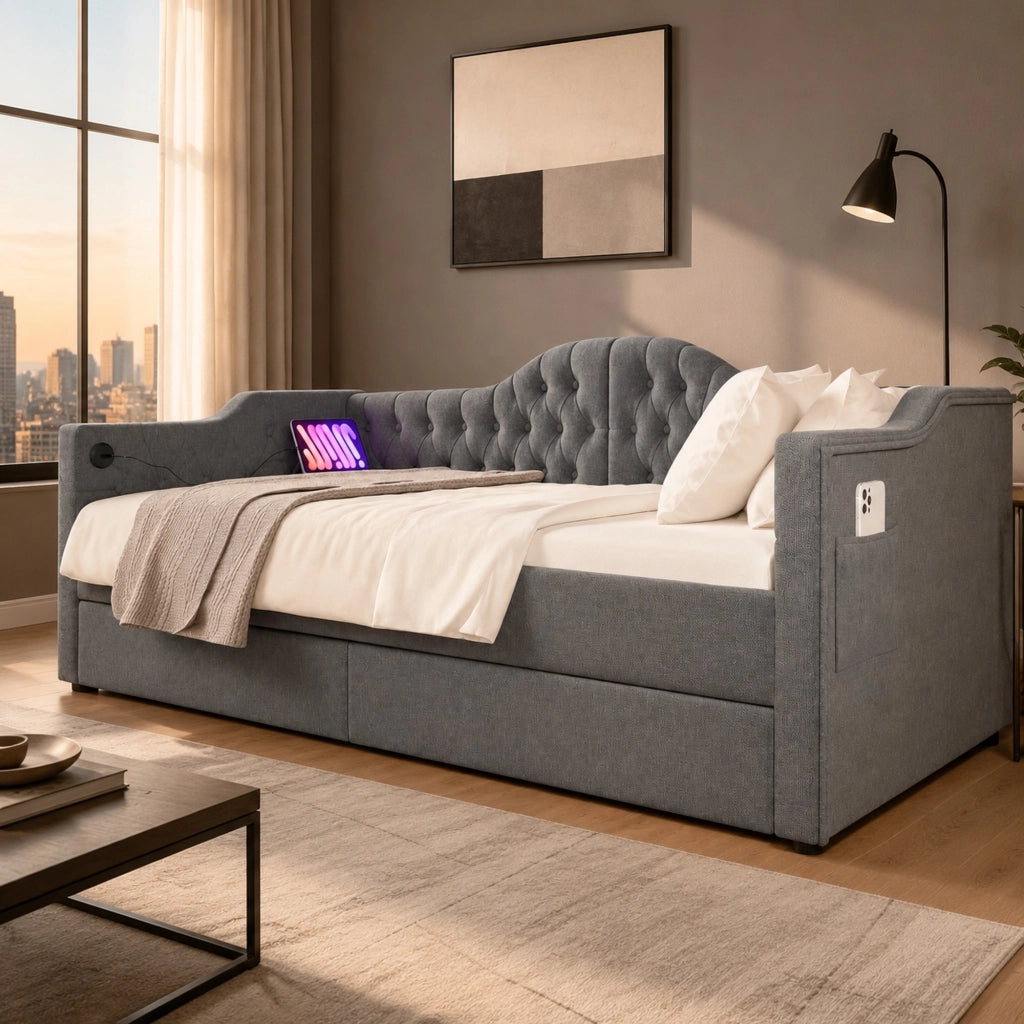 Letto imbottito con USB Type-C, 2 cassetti e design salvaspazio