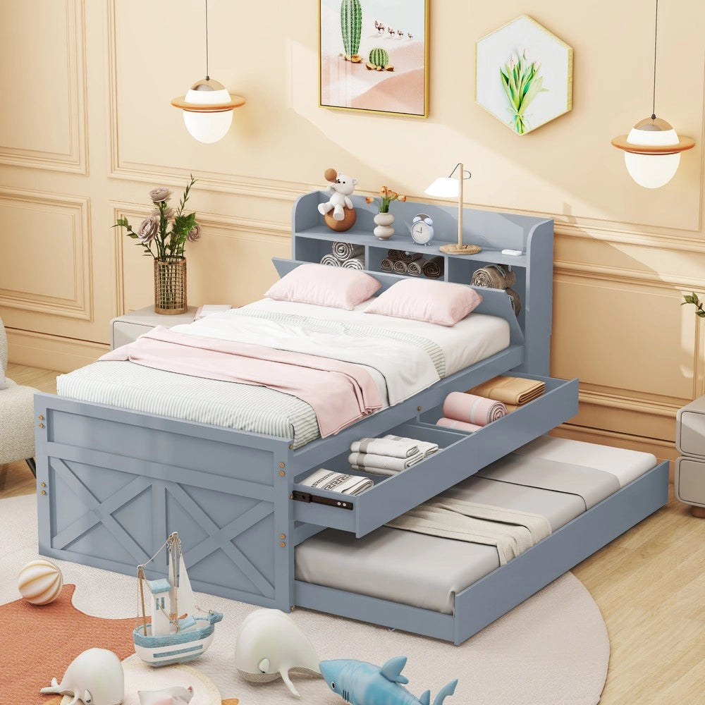 Letto Singolo con Rete a Doghe Cassetto e Comodino ¨C Minimal ¨C Grigio Legno Pino Massello 90x190cm