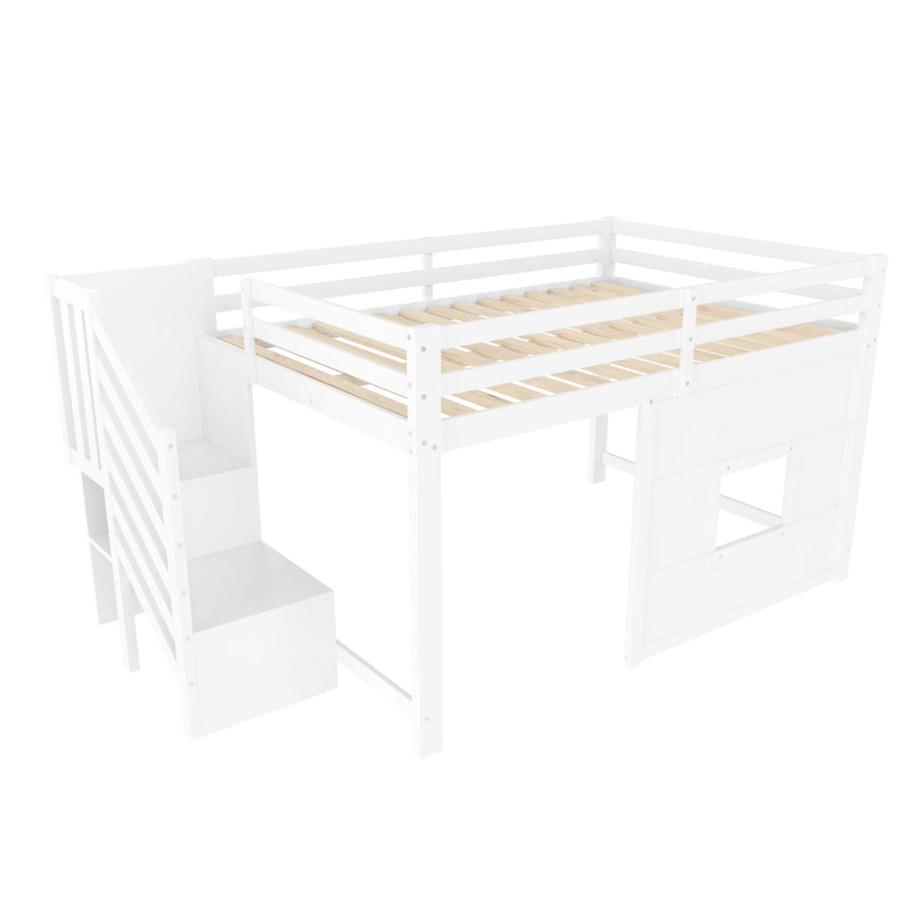 Letto a soppalco 140 x 200 cm con scala contenitore e finestra - Bianco