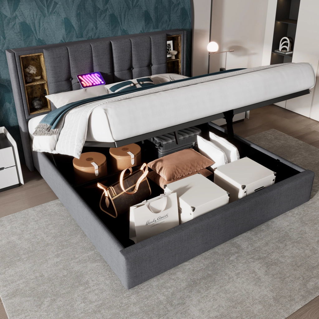 Letto imbottito 140x200 cm con contenitore; ricarica wireless; USB e Type-C; grigio
