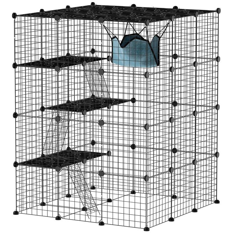 GABBIA PER GATTI MODULABILE A 4 LIVELLI CON PIATTAFORME RAMPE E 5 PORTE IN ACCIAIO E PP 105X105X140 CM NERO