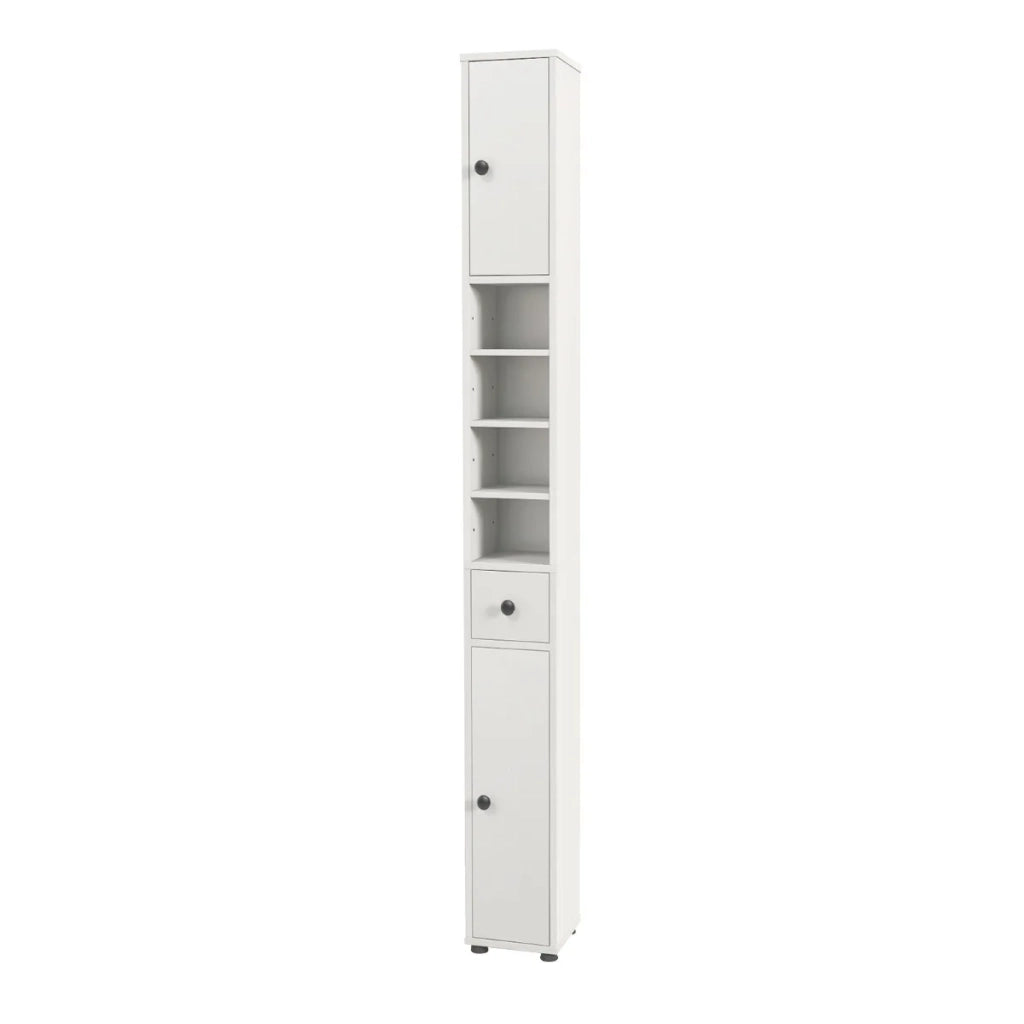 Armadio alto da bagno a colonna, 180 cm, 2 ante e 1 cassetto, MDF bianco, salvaspazio per casa