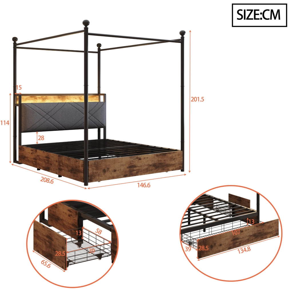 Letto multifunzionale 140x190 cm in ferro; baldacchino removibile; LED; USB e Type-C; nero