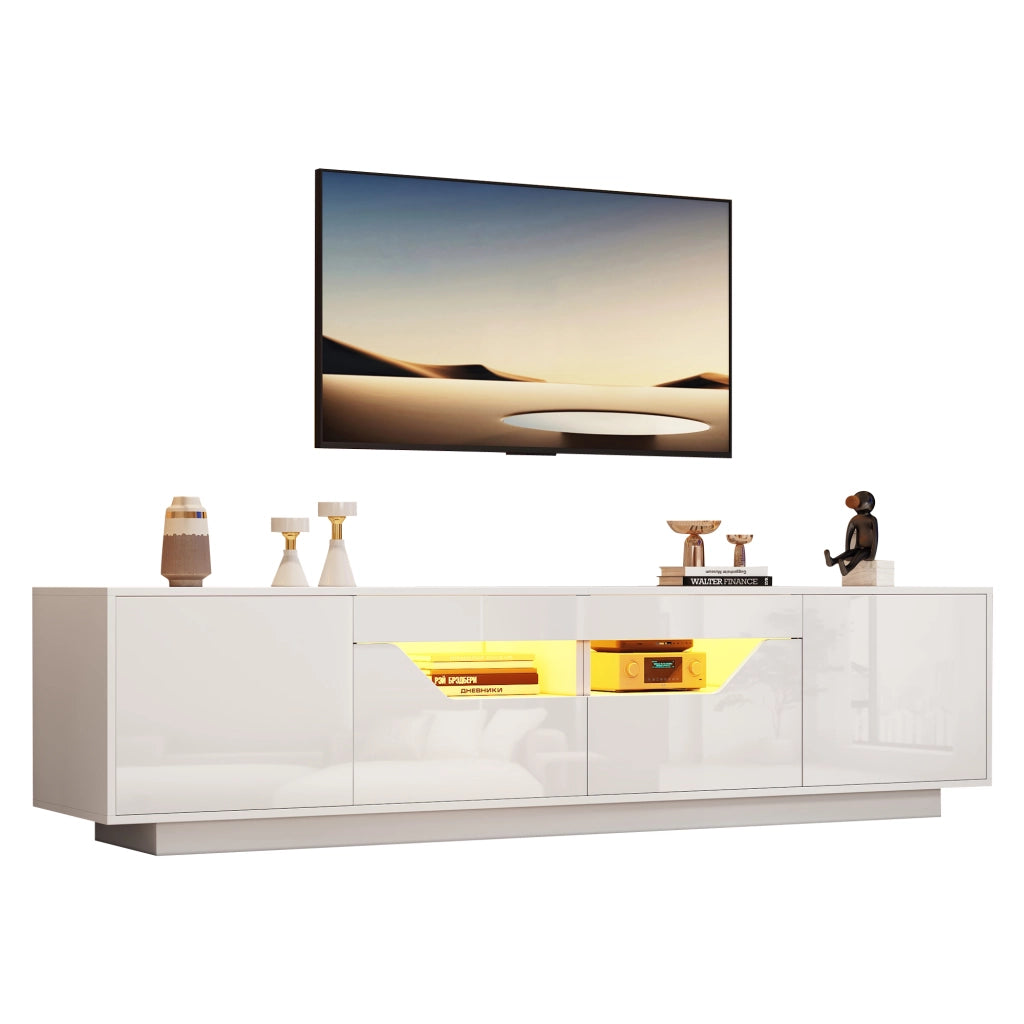 Mobile TV LED con 2 cassetti, 2 ante e 2 vani semichiusi, finitura lucida, per soggiorno, bianco, 180 × 40 × 45 cm