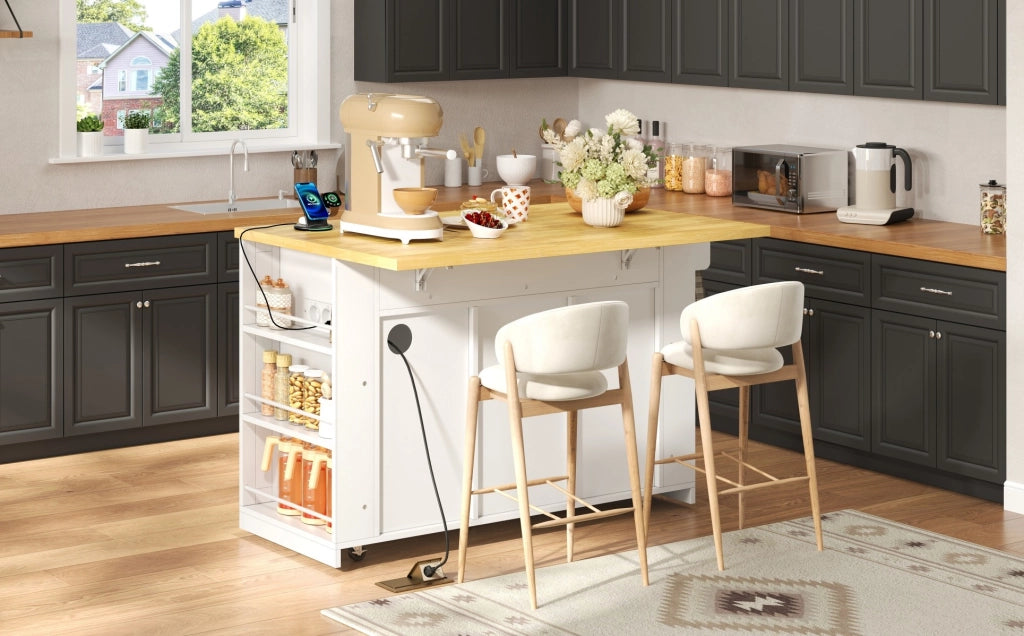 Isola da cucina mobile in MDF con ripiano pieghevole, 130×50(80)×87 cm, con ruote e prese integrate