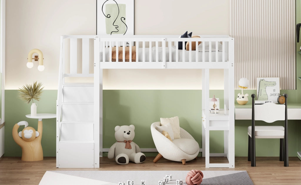Letto a soppalco 90x200 cm con scrivania multifunzione e scala contenitore in pino massiccio bianco per bambini e ragazzi