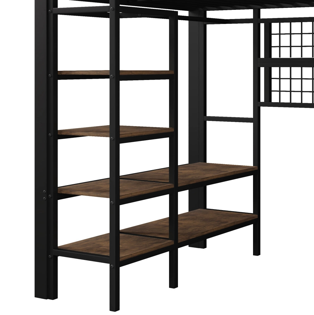 Letto a soppalco 140x200 cm in metallo nero con LED; ripiano e rete appendioggetti HOMVRA