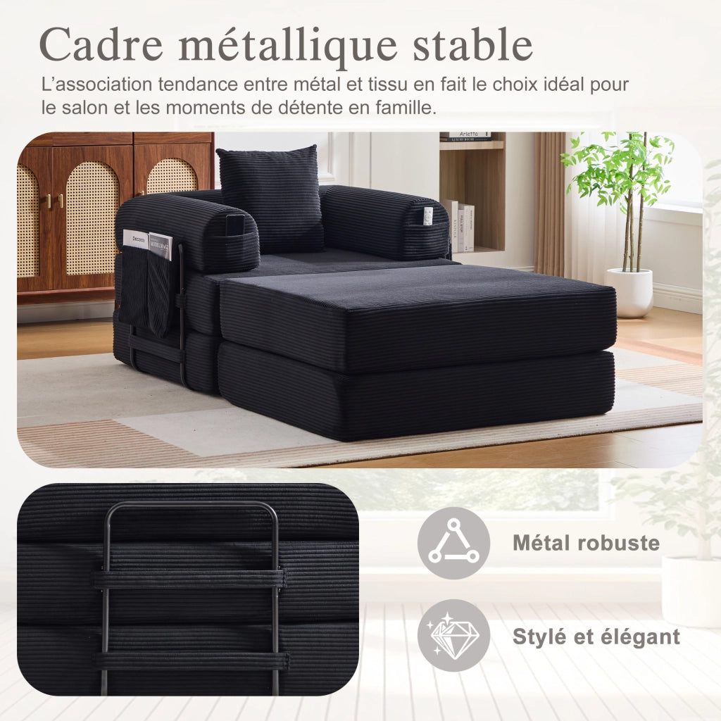 Poltrona modulare con pouf - con tasca laterale e cuscino - in ciniglia nera