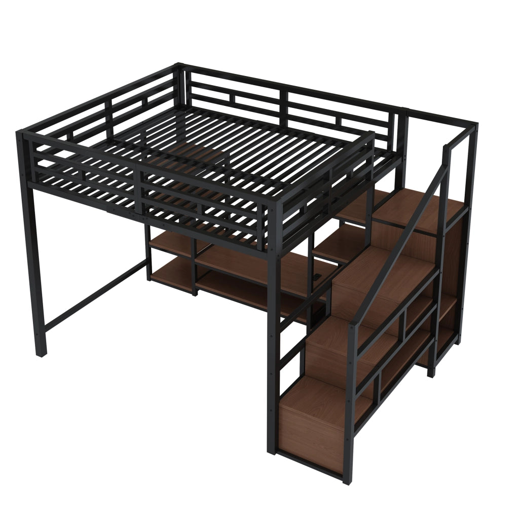 Letto a soppalco 140x200 cm con supporto TV; presa e scala contenitore; metallo e MDF nero