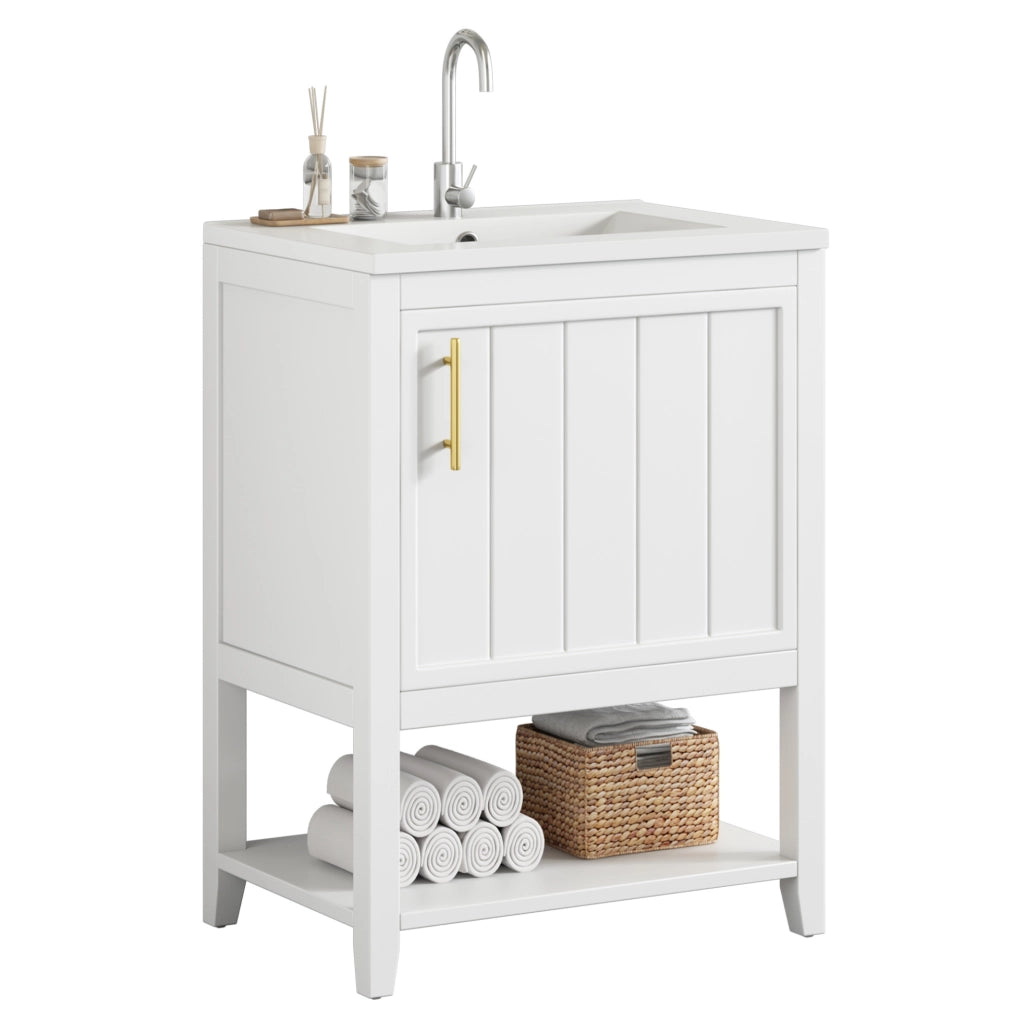 Mobile bagno a pavimento bianco in MDF con lavabo in ceramica e ripiani interni