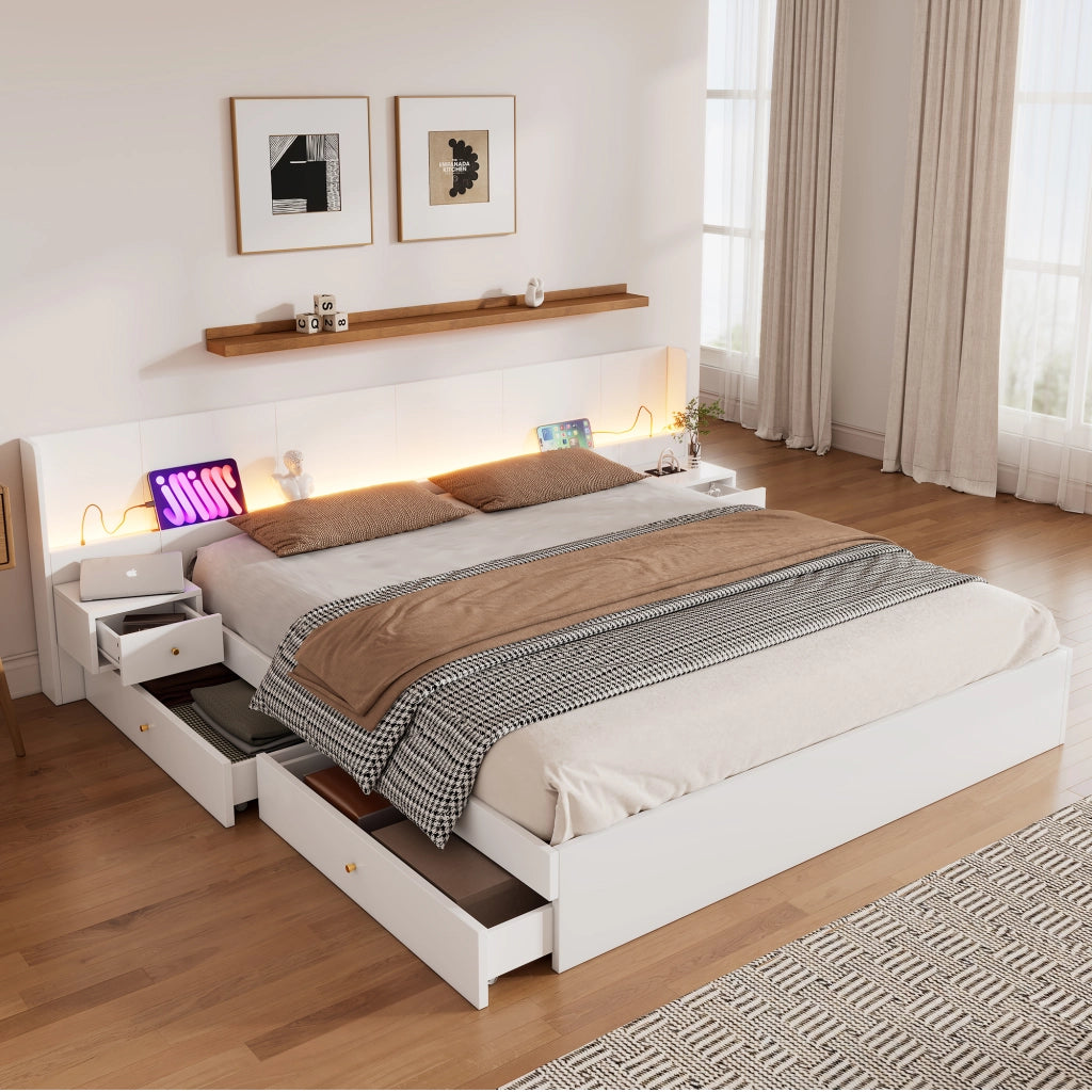 Letto matrimoniale 180 × 200 cm con LED; prese e USB; due comodini e cassetti; in MDF bianco; senza materasso