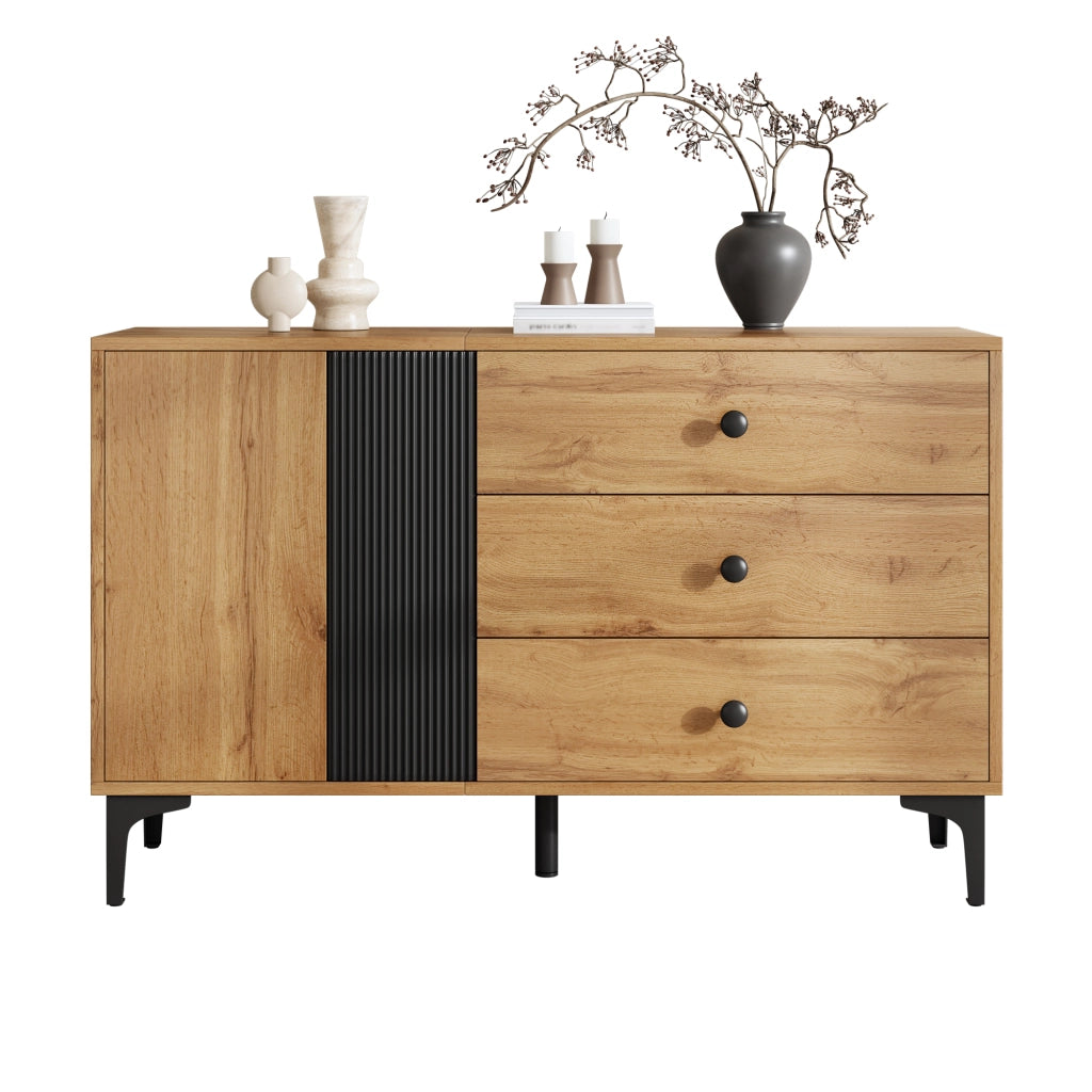OKWISH Credenza con 1 Anta e 3 Cassetti, Piedini in Metallo, per Soggiorno e Sala da Pranzo, Nero e Naturale, 120 x 35 x 76 cm
