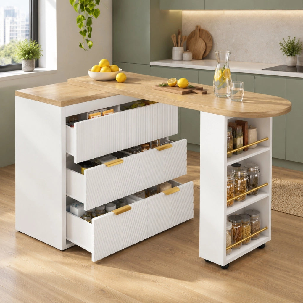 Tavolo alto girevole con 6 cassetti e ripiano laterale in MDF bianco per cucina soggiorno e ufficio domestico