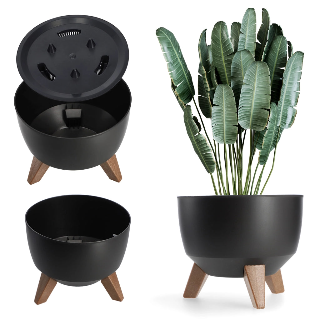 Vaso da fiori KADAX 24 cm con coperchio e gambe di supporto, colore nero.